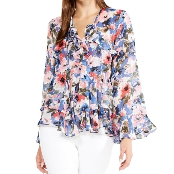 Misa Los Angeles Tops - MISA | Damaris Top in Tie-Dye Floral Size Small Sheer Bell Cuff Sleeves Size S
